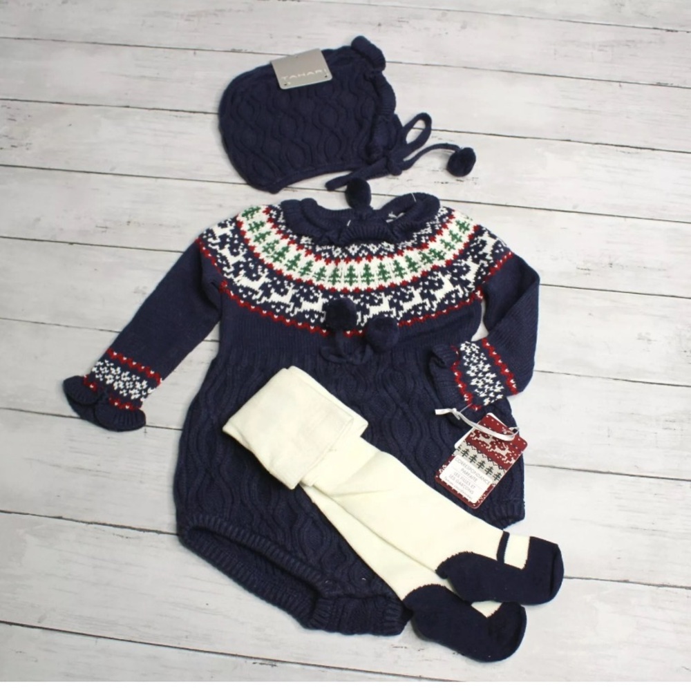 NWT TAHARI 3-PIECE SET FAIR ISLE ROMPER•BONNET•TIGHTS (Holiday Set)•S/3-6 M